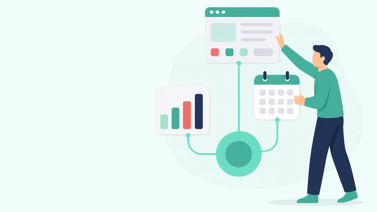 Mesa de trabajo con tarjetas de web, agenda, CRM y documentos uniéndose en un flujo para explicar el Sistema Mitmore.