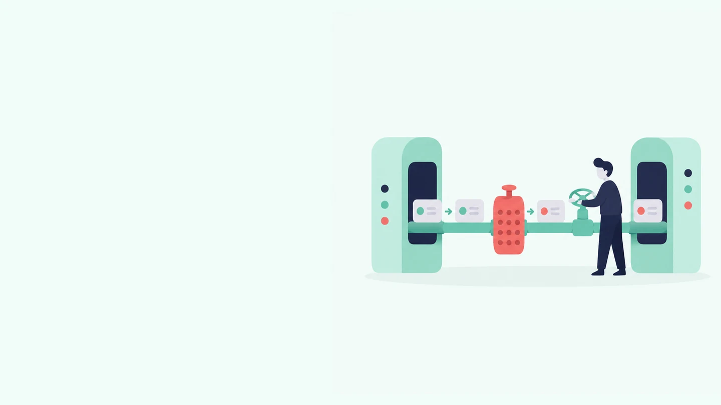 Dos sistemas conectados por una tubería con filtro de validación para explicar integraciones API fiables.